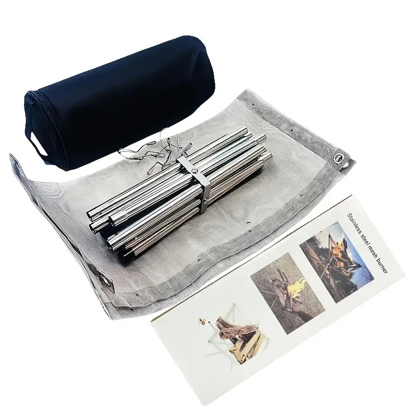 1pc Portable Folding Fire Pit, Stainless Steel Mesh, Collapsible Wood Burning Fireplace with Carrying Bag