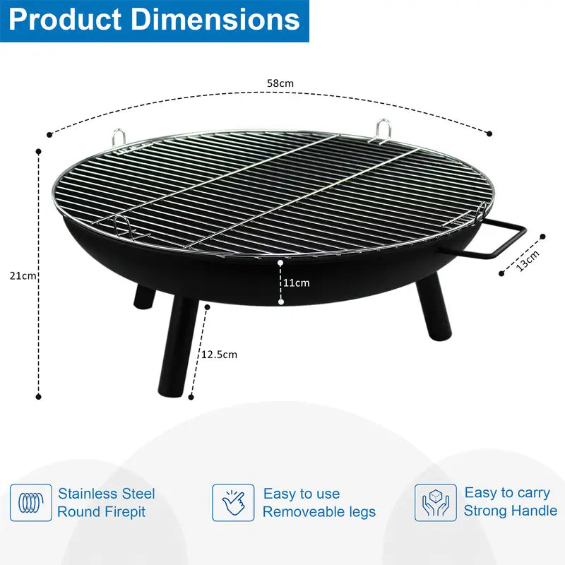 Outdoor Fire Pit, Steel Fire Bowl for BBQ Camping Picnic, Garden Patio Heater Charcoal Log Wood Burner, 58 cm - Matt Black, Camping Stove
