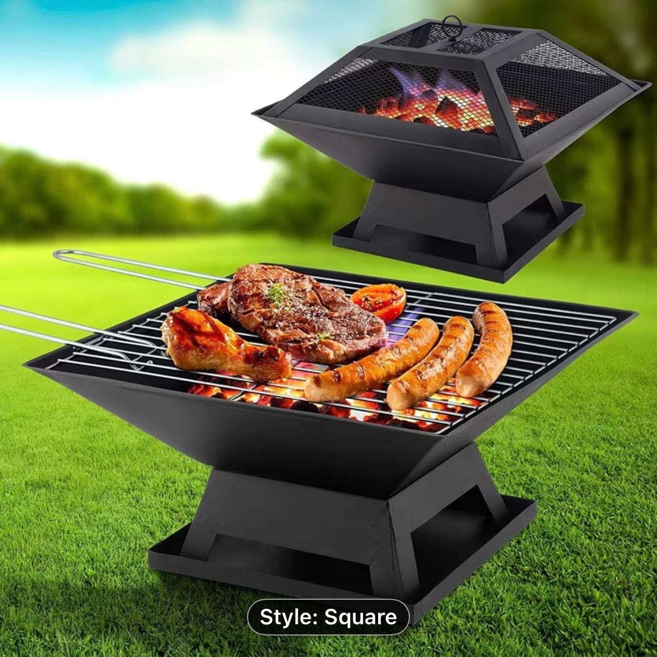Outdoor Firepit with BBQ Grill, heater.