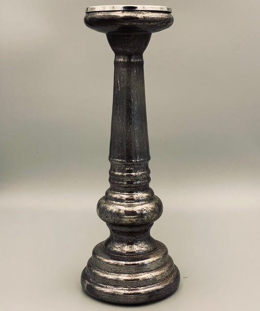 Antique Silver Effect Glass Candle Stand