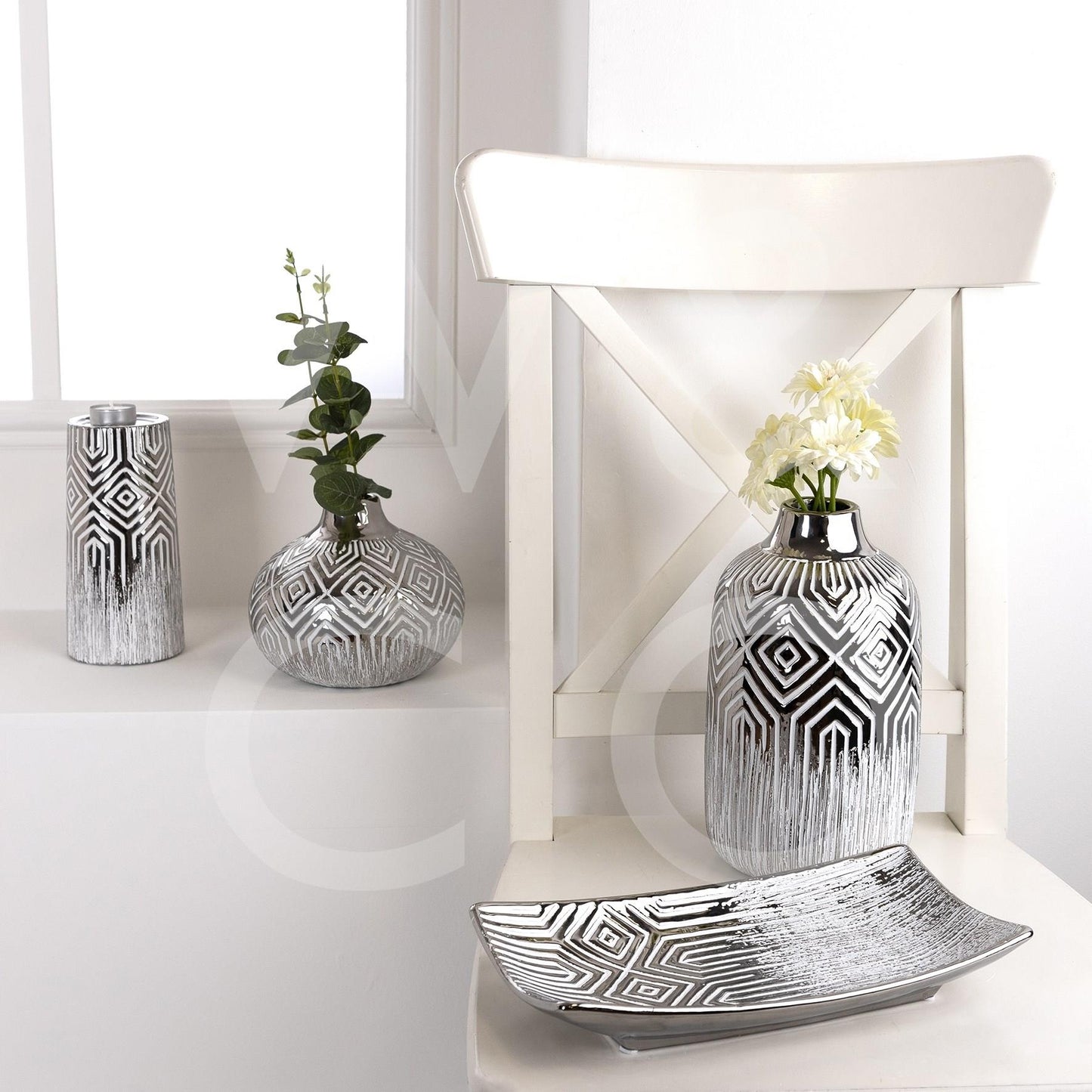 Silver & White Round Geometric Vase Round, Large